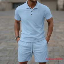 Summer New Casual Men's Solid Color Lapel Button Short Sleeve Shorts Cotton Sets