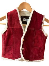 Unisex Kids Vest Small Genuine Leather Red Shearling Lined Snap Buttons