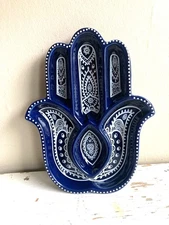 Hamsa Fatima Islamic Ceramic Serving Plate Celestial Home Essentials White Blue