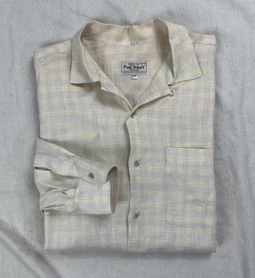 Vintage PAUL STUART Loop Collar Linen Shirt Check Beige Yellow Made in Italy