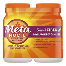 Metamucil 3-in-1 FIBER Psyllium Supplements - 2 Bottles, 340 Capsules Total