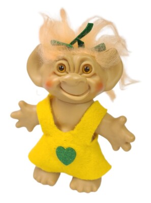 Vintage uneeda wishnik troll doll with Peach Hair & Amber Eyes Felt Dress 5.5''