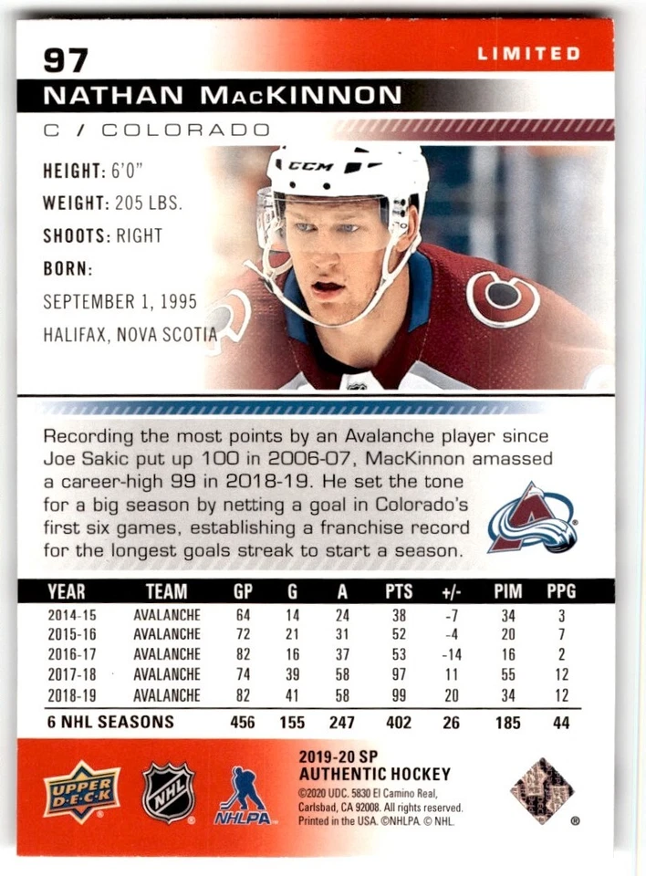 2019-20 SP Authentic Limited Red Nathan MacKinnon #97 Colorado Avalanche - Image 2 of 2