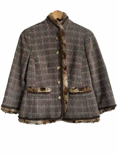Worth New York schicker braun/flieder karierter Blazer mit abnehmbarem Fellbesatz Jacke