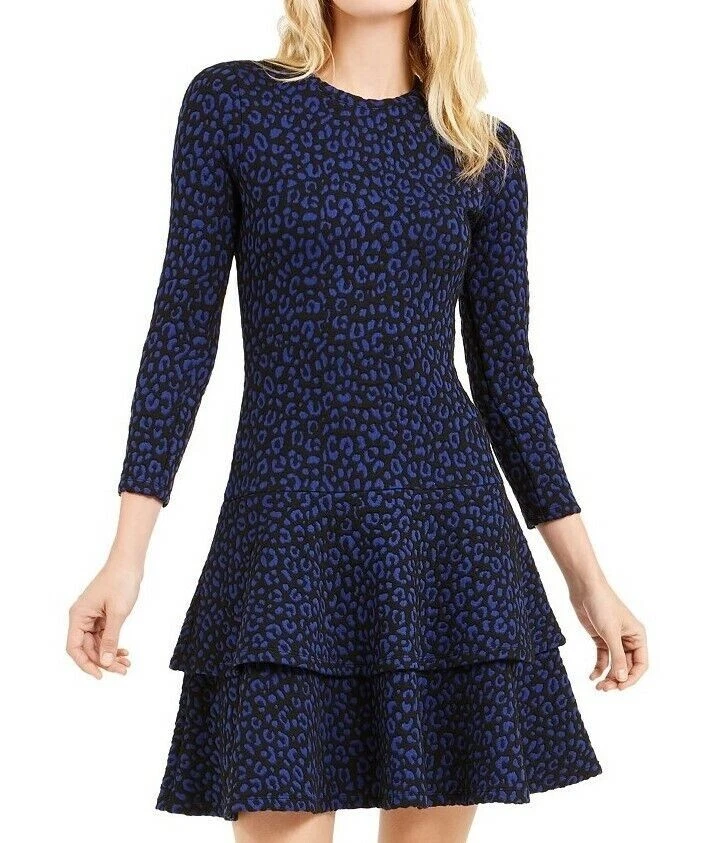 Abito MICHAEL KORS blu nero leopardato jacquard maglia a strati gonna con volant S = 4 6