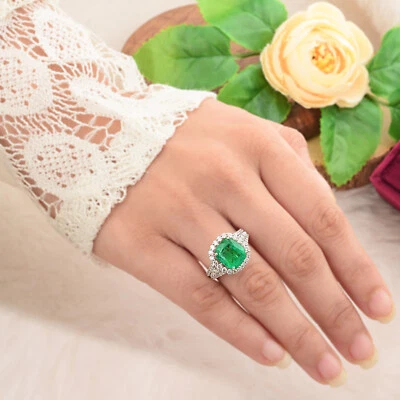 Zambian Emerald Diamond Engagement Ring 10k White Solid Gold Jewelry 4.46 Tcw - Image 1 of 4