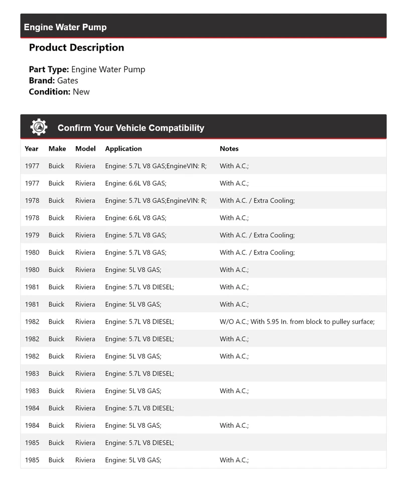 Puertas de bomba de agua para motor Buick Riviera 1977-1985 1978 1979 1980 1981 1982 Foto 2 de 4