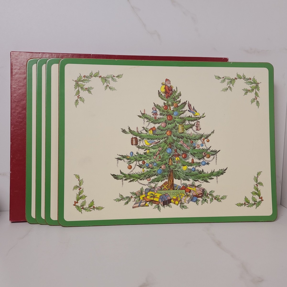 Vintage SPODE England Christmas Tree Acrylic Cork Set of Placemats Box