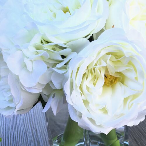 Artificial Mixed Peony Hydrangea Faux Flower Arrangement w Glass Vase Faux Water - Picture 11 of 11
