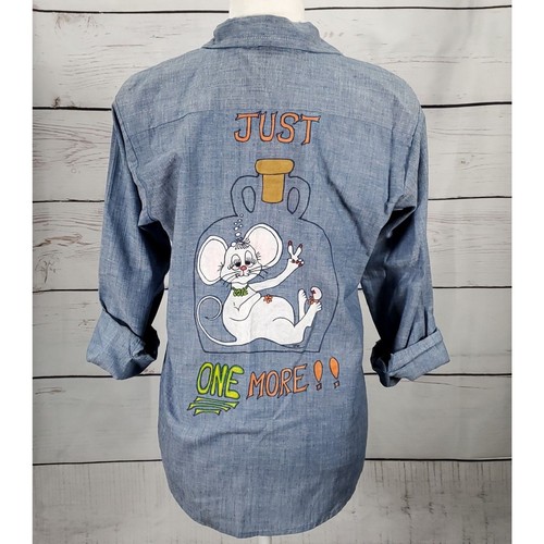 Vintage Western Rapper Chambray Button Up Hand Painted Martini Mouse Alcohol 70s