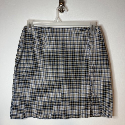 VTG Y2K Route 66 Plaid Skirt Blue & Cream Stretch Cotton Clueless Junior 14 2000