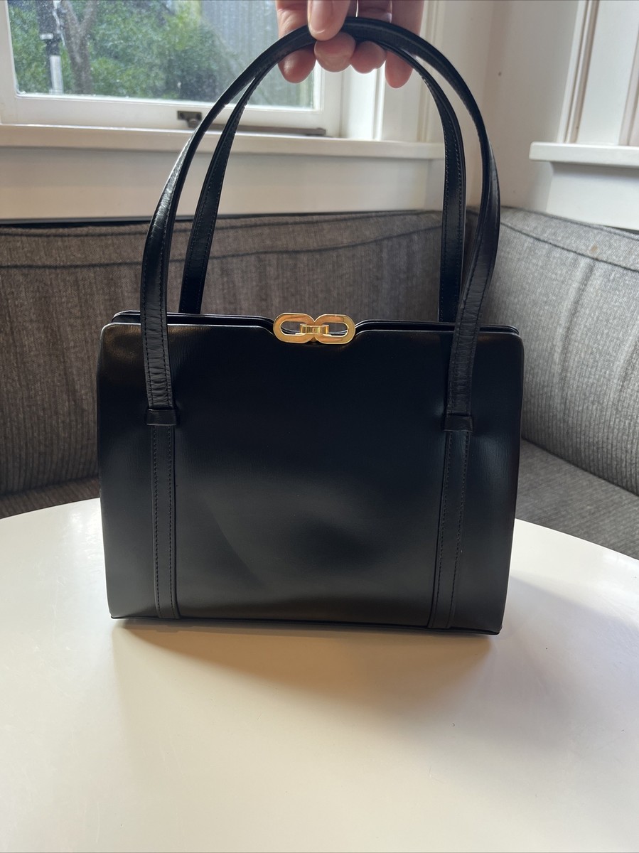 Gorgeous Vintage French Black Leather Box Bag, Kelly Shape, 1950s 