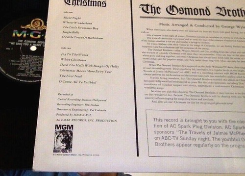 THE OSMOND Brothers We Sing You A Merry CHRISTMAS lp Osmonds w MGM inner PLAY EX - Picture 10 of 12