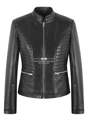 Damenmode Retro-Stil Biker schwarze Lederjacke schmale Passform gesteppt Katherine
