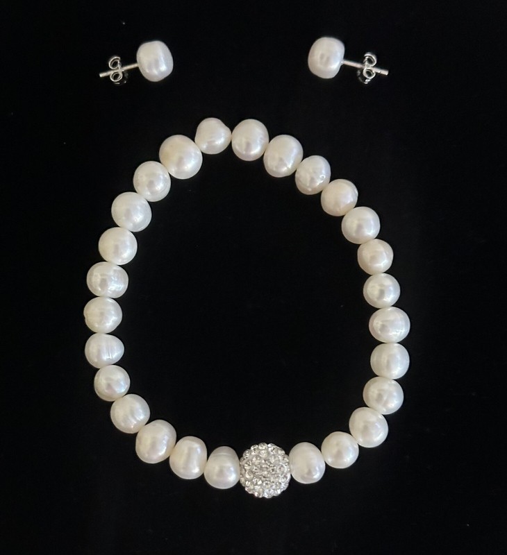 PEARL BRACELET & EARRINGS SET~FRESHWATER PEARLS & STERLING SILVER IN WHITE NEW!