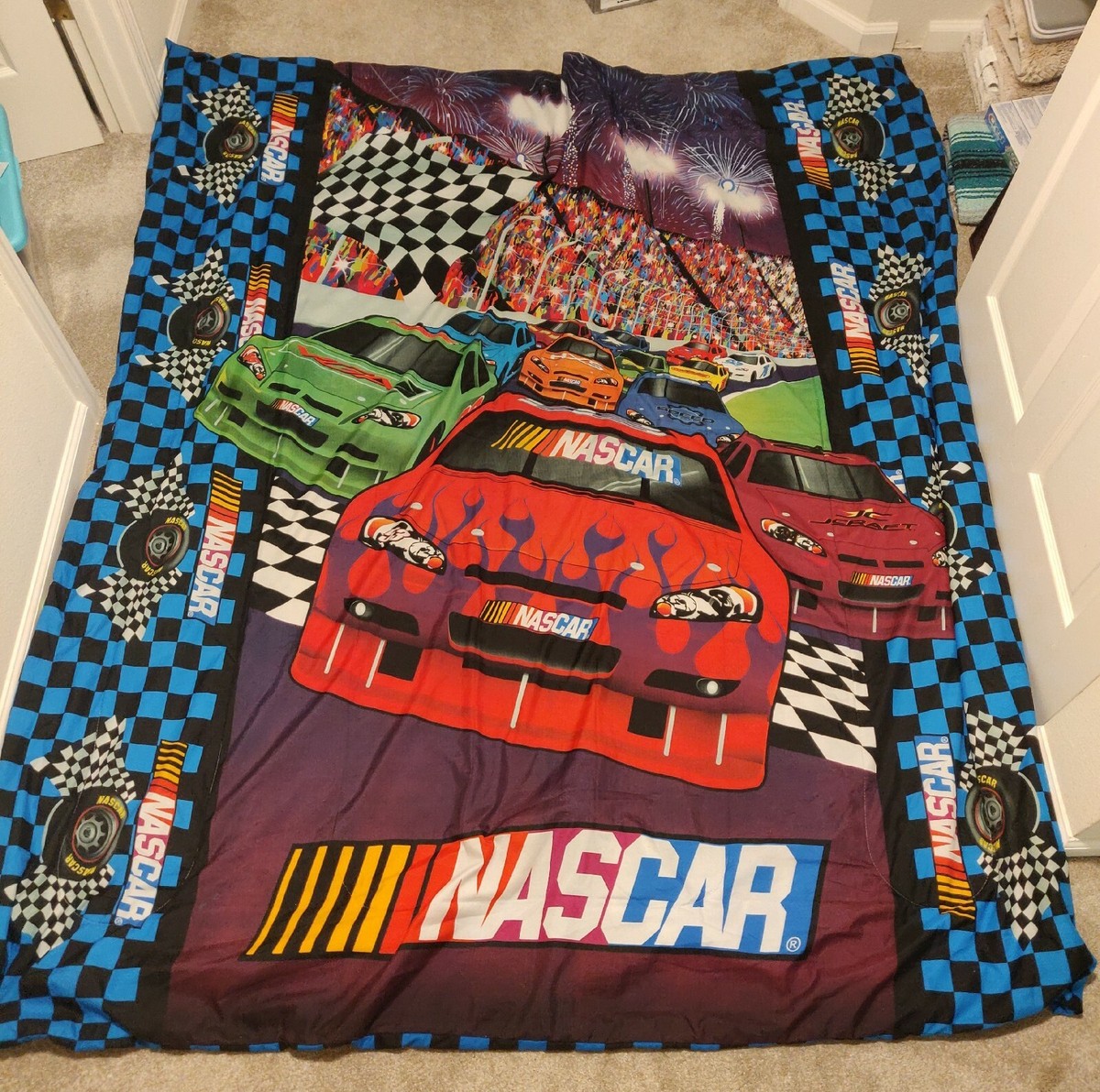 70s sears ファブリック　NASCAR大判シーツ　RACE USA製 Vintage Nascar Full Size Bed Comforter Race Racing Car Checkered