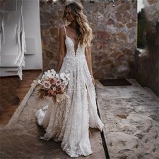 Boho A-Line Wedding Dress V-Neck Sleeveless High Slit Lace Applique Bridal Gowns