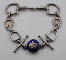 Altes Reitarmband MASSIV SILBER Emaille blau Krone gebissen Pferd Steigbügel A9
