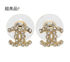 Chanel Coco Mark Line Stone Earrings Jewelry Champagne Gold Authentic