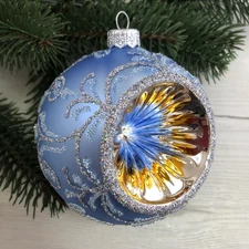 Azure Christmas Glass Ball Ornament Bauble Made in Ukraine 4" Blue Reflector