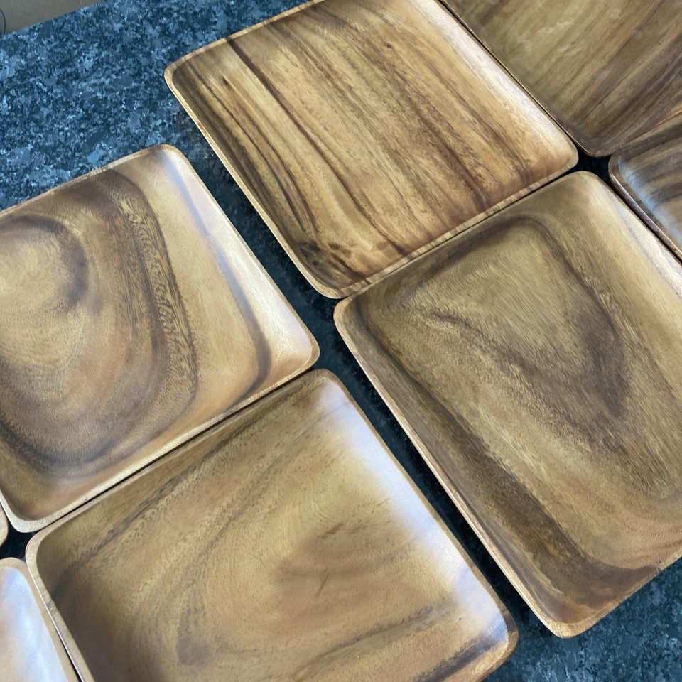 8 MCM Monkey Pod Wood 4 Square Dinner Plates 12” & 4 Lunch 10” Will Sell Separat - Image 3 of 4