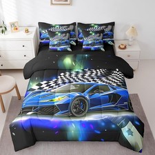 Blue Racing Car 7 Piece Bedding Set Twin Size Extreme Sport Comforter Set wit...