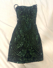 Windsor Green Sequin Bodycon Mini Dress S Lace-Up Back Spaghetti Straps