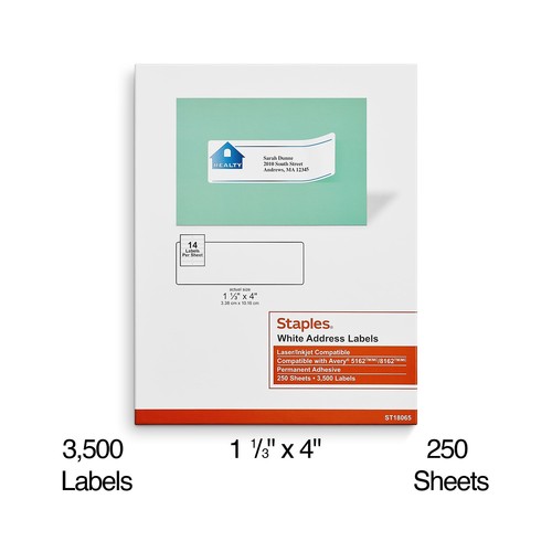 Staples Laser/Inkjet Address Labels 1 1/3" x 4" White 14 Labels/Sheet 489563 - Picture 2 of 5