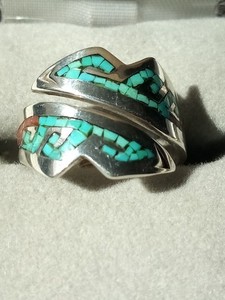 STERLING SILVER TURQUISE ADJUSTABLE CHIP INLAY RING,7.5 SIZE