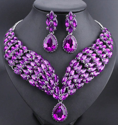 JEWELRY SET-Purple Necklace & Earrings Set, Waterfall Rhinestone
