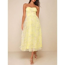 NWT Lulus Perfect Whimsy Yellow Floral Mesh Strapless Midi Dress Size XS