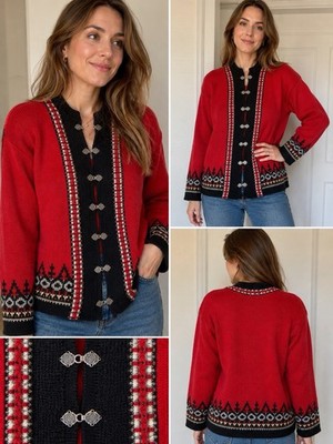 Vtg Norlander Norwegian Wool Cardigan Sweater Red Black Women s 44 XL Scandi