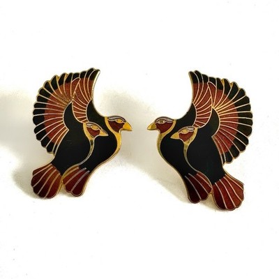 Vtg 90s Laurel Burch Signed ''Hummingbird'' Gold Plated Enamel Cloissone Earrings