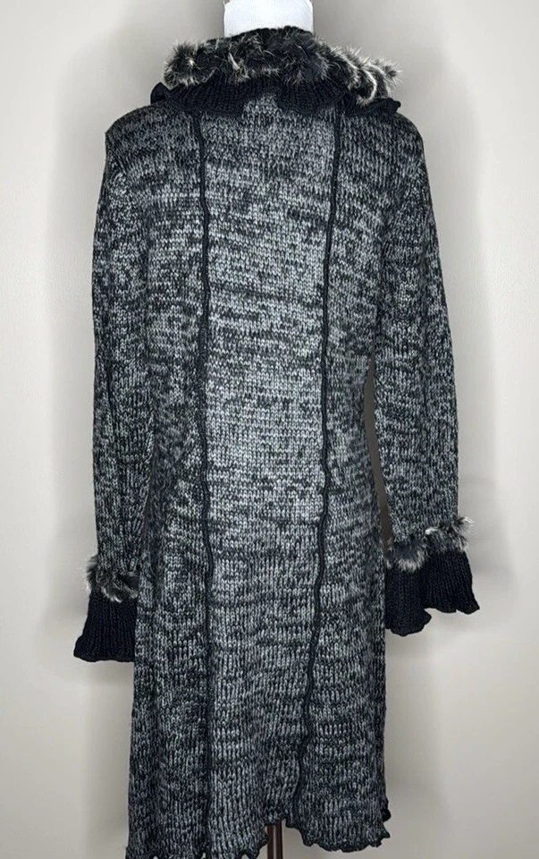 NEW Alberto Makali charcoal knit rabbit fur trim open front duster cardigan sz L - Image 3 of 4