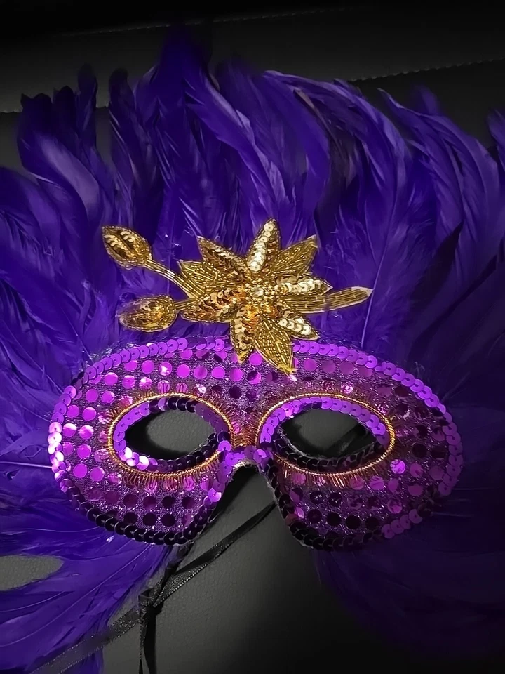 Masquerade Ball Feather Plume Mask Womens Purple Gold New Year Eve Mardi Gras - Image 2 of 4
