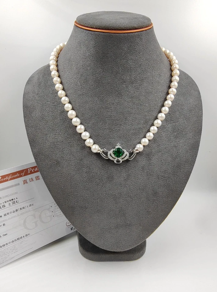 Genuino 8mm Natural Blanco Perla Akoya Collar Cuentas Gargantilla Esmeralda Foto 2 de 4