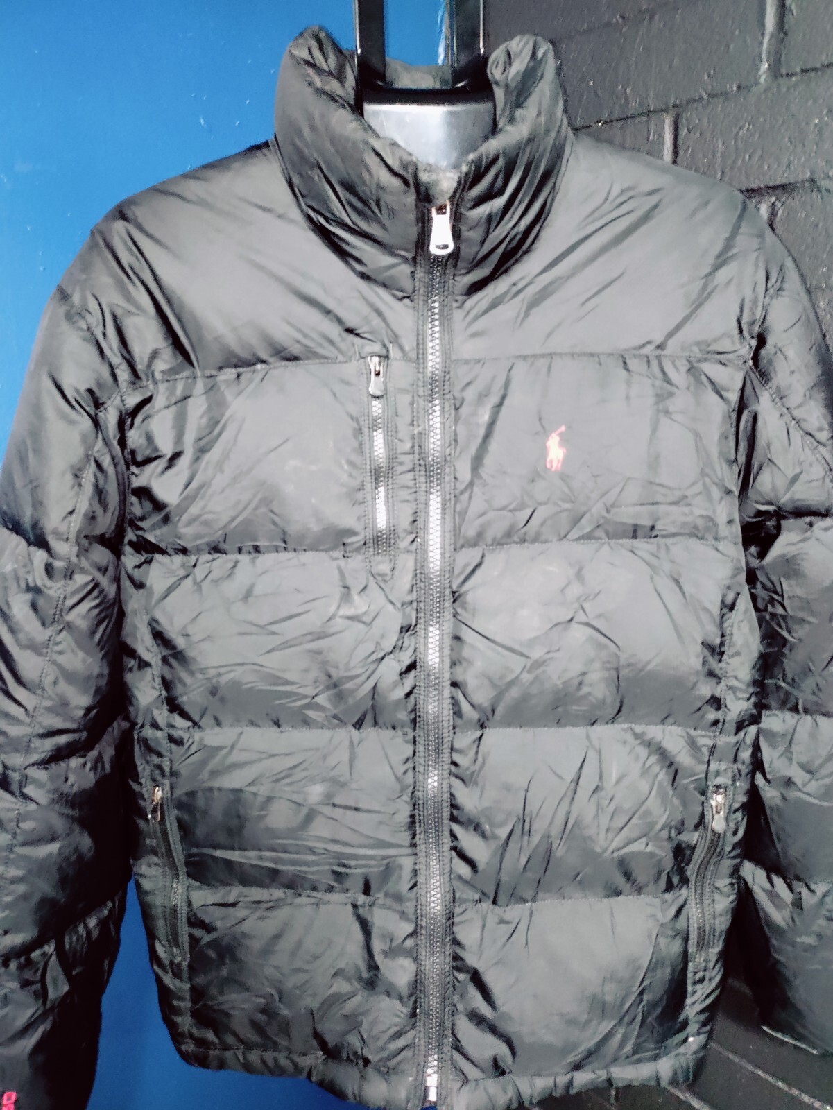 Polo Ralph Lauren RL250 piumino pufferJacket uomo medio nero rosso pony full zip