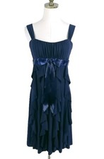 Cache Sleeveless Cocktail Dress Size 6 Navy Blue Ruffles Ruched Wide Straps