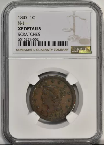 1847 1C Braided Large Cent Coin N-1 Variety NGC XF Details SCRATCHES 37268