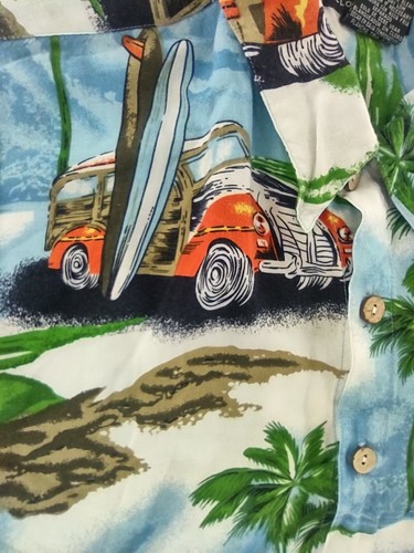 K.A.D. Hawaiian Aloha Shirt Medium Red Woodies & Palms Lite Blue Muti Rayon - Picture 3 of 6