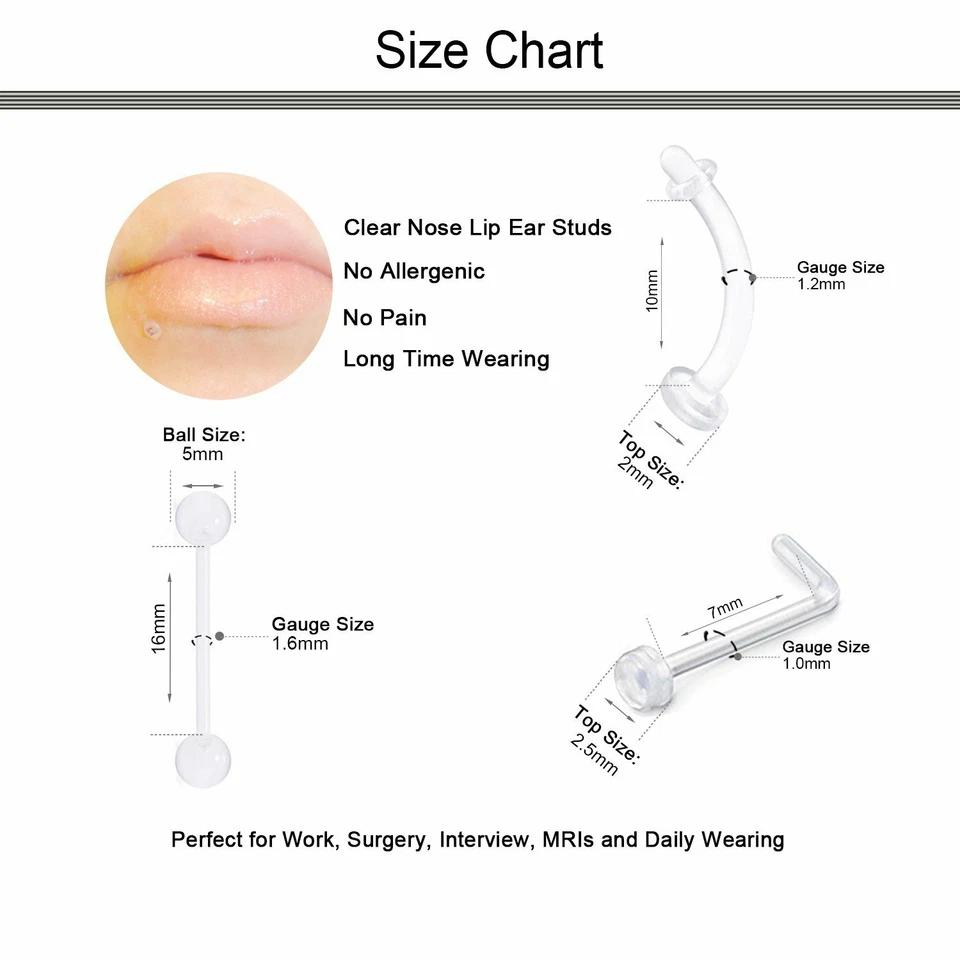 40 PIEZAS Retenedores transparentes acrílicos flexibles nariz perno anillo herradura labio oreja ceja Foto 2 de 4