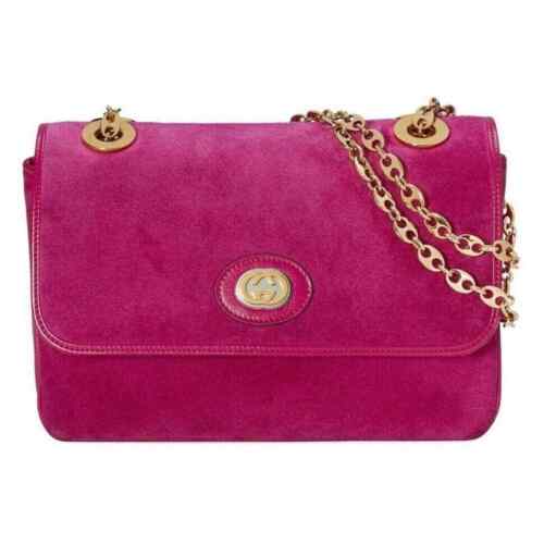 Gucci Marina Small Fuchsia Pink Suede Gold Logo Chain Shoulder Crossbody Bag