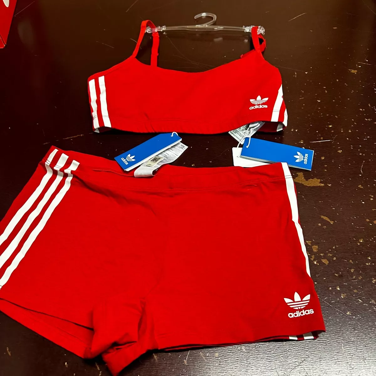 Adidas Womens Red Smart Cotton He She Scoop Bralette Sports Bra Biker Shorts  Set