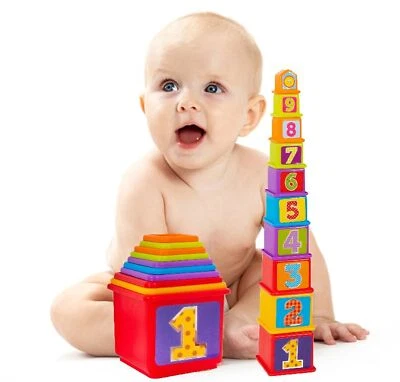 10 Baby Stacking Cups Bright Stacker Blocks Tower Sensory Development Toy 6m+