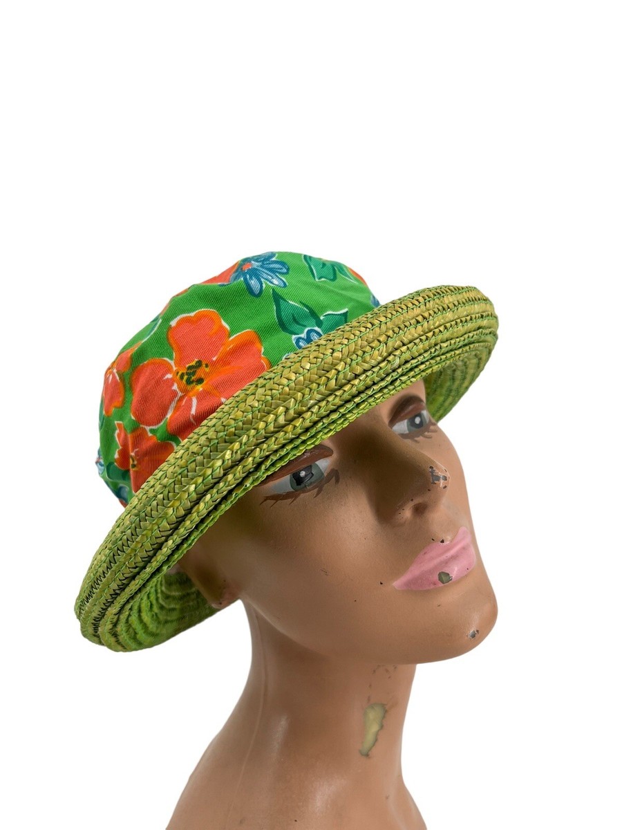 Vtg 90s Y2K Floral Cotton Green Straw Bucket Hat Blossom Vtg 90s Y2K Floral Cotton Green Straw Bucket Hat Blossom