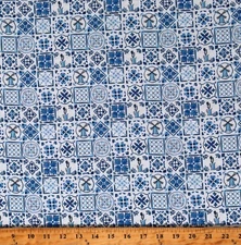 Cotton Delftware Dutch Windmill Whimsy Blue White Fabric Print by Yard D655.11