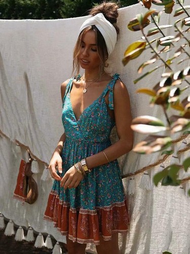 Elegante abito vestito morbido corto stile boho bohemian azzurro beige 3232  | eBay