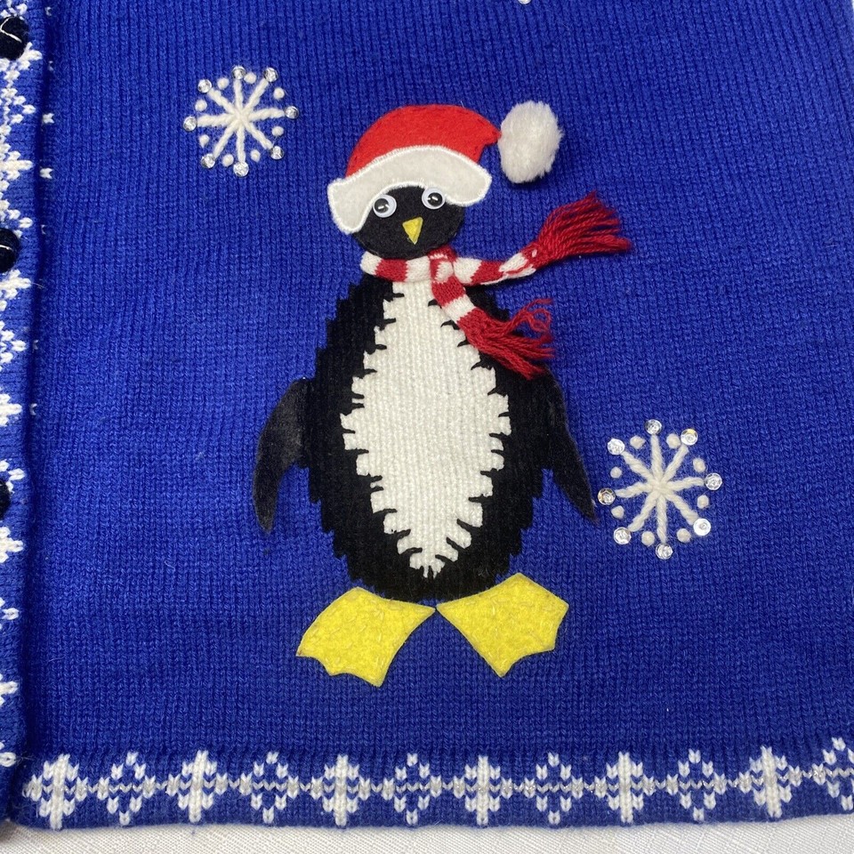 Vintage Karen Scott Penguin Holiday Sweater Blue Cardigan Womans Size