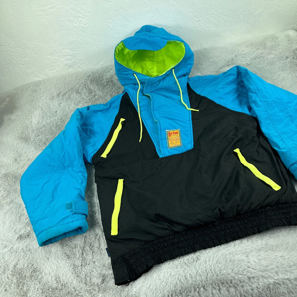 Vintage Rip Curl Jacket Mens Medium Black Blue 90s Hood Surfer Beach Pullover - Image 2 of 4