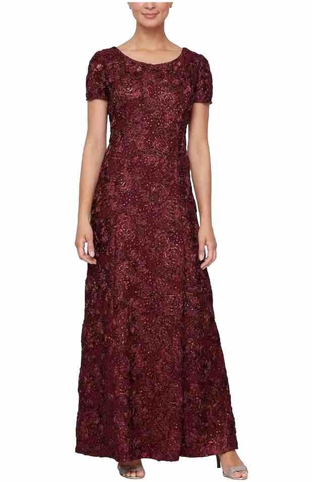 Alex Evenings Women's Long Rosette Lace Cap Sleeve Gown, Eggplant